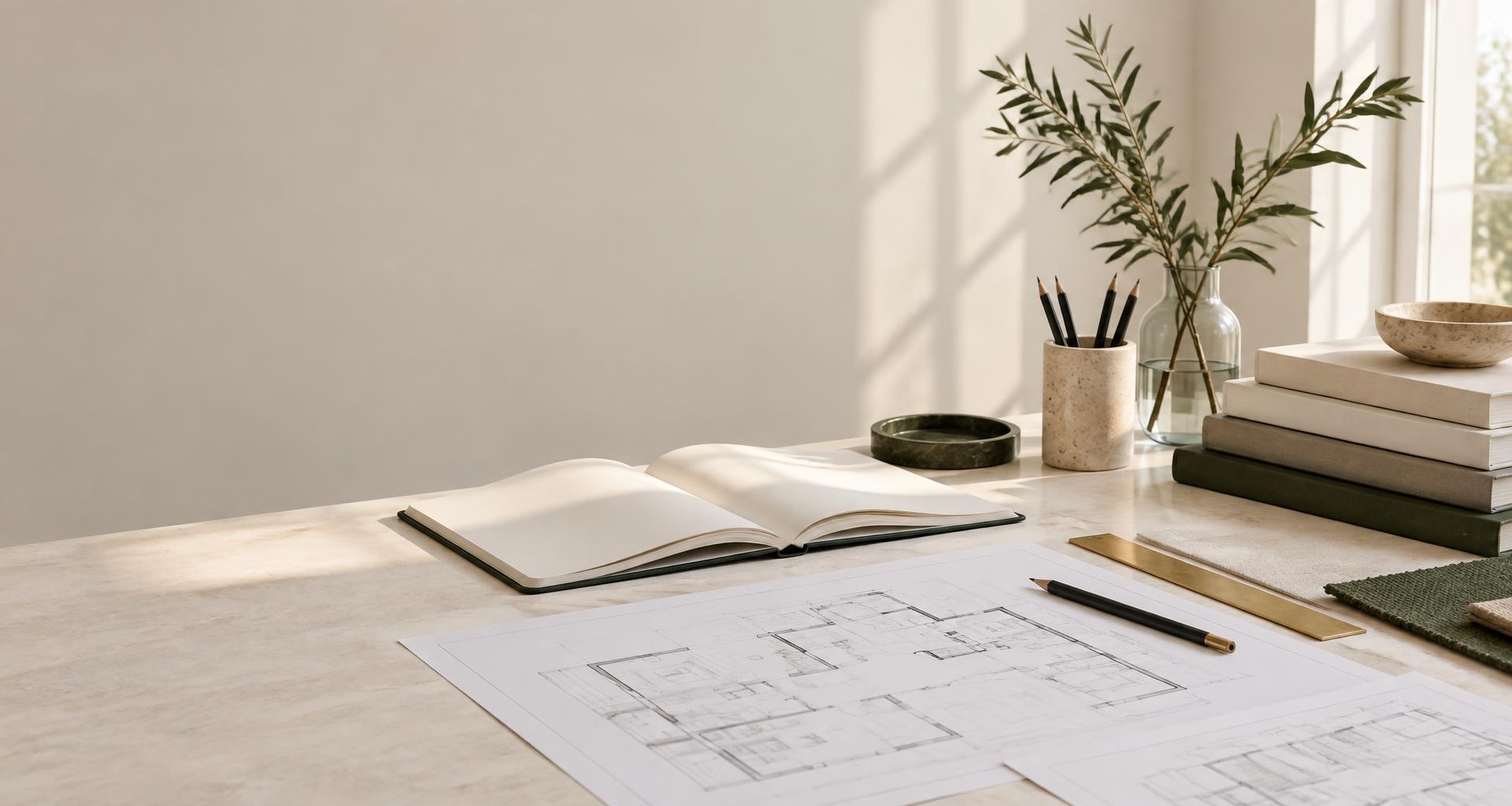 Architectural plans and study materials on a desk